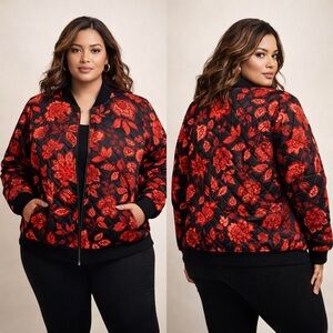 Jadon Wu Black ans Red Floral Quilted Bomber Jacket Women’s Size XL